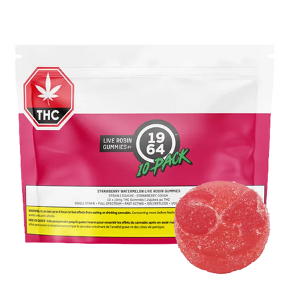 Front-facing pouch on white background with a close-up red gummy in front of the Strawberry Watermelon Live Rosin THC Gummies 10 Pack packaging