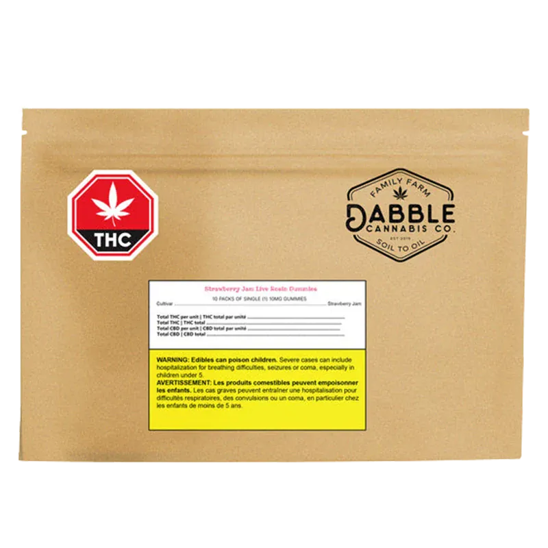 Flat front view of a brown pouch labeled Dabble Cannabis Co. Strawberry Jam Live Rosin Gummies with a red THC stop sign and warning block.