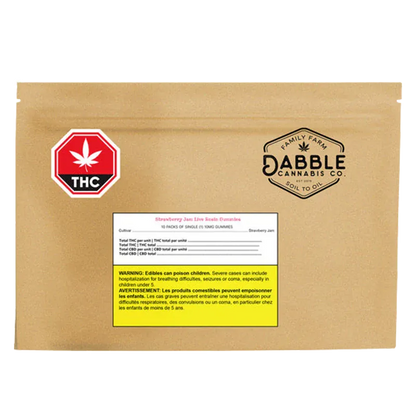 Flat front view of a brown pouch labeled Dabble Cannabis Co. Strawberry Jam Live Rosin Gummies with a red THC stop sign and warning block.
