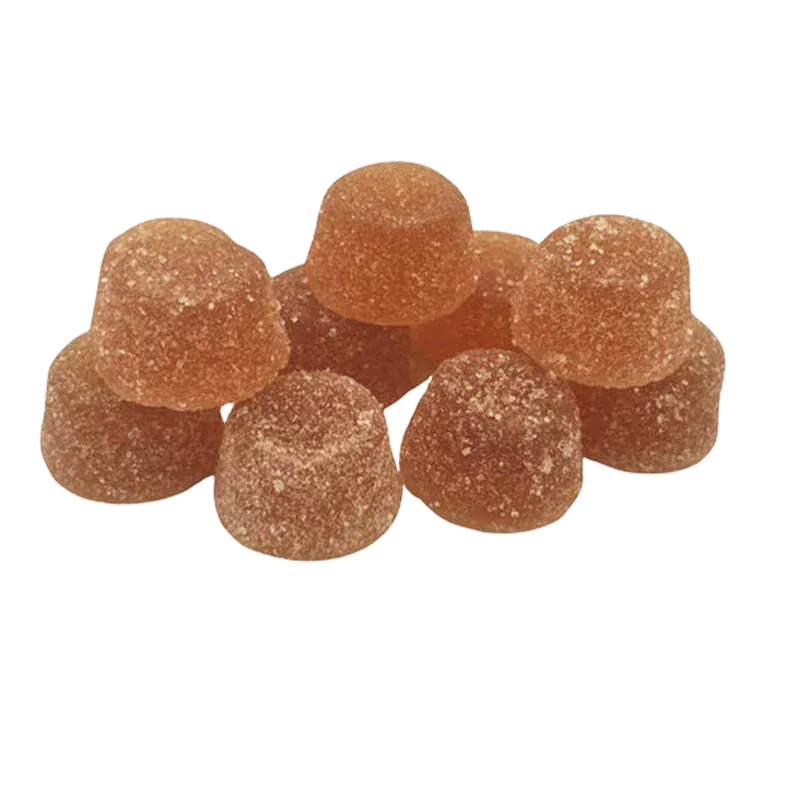 Close-up of several sugar-coated strawberry-colored Strawberry Jam Live Rosin Gummies arranged in a small pile.