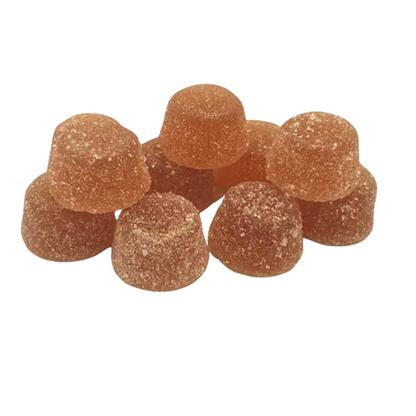 Close-up of several sugar-coated strawberry-colored Strawberry Jam Live Rosin Gummies arranged in a small pile.