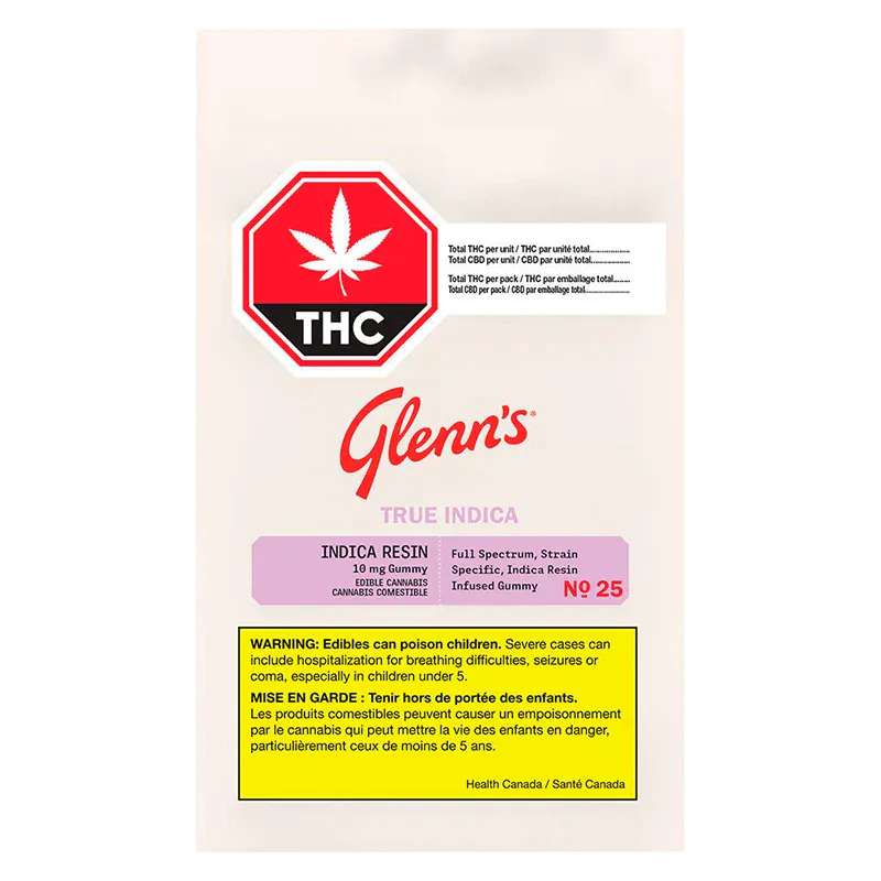 Front-facing shot of the Green Apple Carton True Indica Resin Gummies pouch showing the red THC stop-sign logo, Glenn's branding, and warning label.