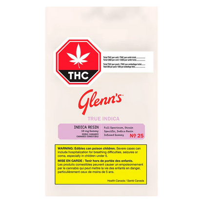 Front-facing shot of the Green Apple Carton True Indica Resin Gummies pouch showing the red THC stop-sign logo, Glenn's branding, and warning label.