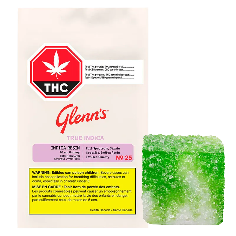 Front view of the Green Apple Carton True Indica Resin Gummies 10 Pack pouch with red THC symbol and a sugar-coated green gummy beside it.