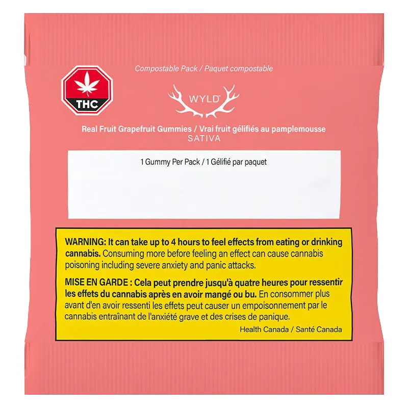 Flat front view of the pink packet labeled WYLD Real Fruit Grapefruit Gummies with warning text and a THC symbol.