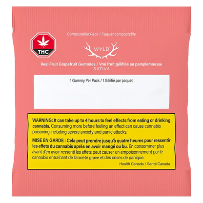 Flat front view of the pink packet labeled WYLD Real Fruit Grapefruit Gummies with warning text and a THC symbol.