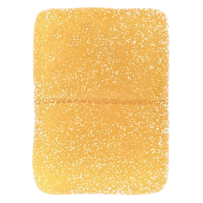 Close-up top-down view of a sugar-coated, rectangular yellow grapefruit gummy for Real Fruit Grapefruit Gummies.