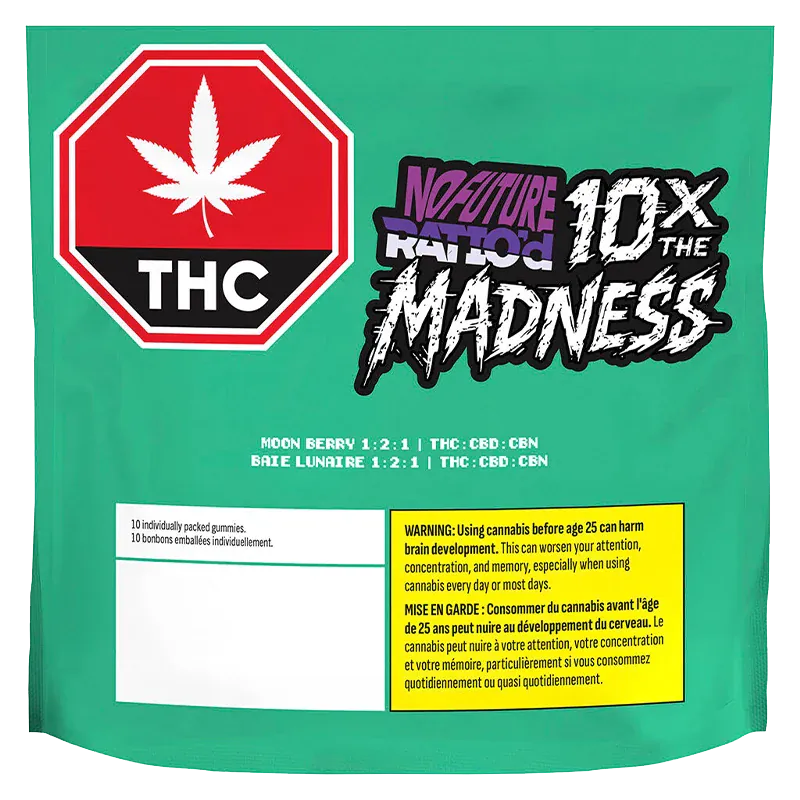 Front-facing teal pouch displaying a red THC stop-sign logo and bold "10X the Madness" graphic for Ratio'd Moon Berry THC:CBD:CBN Gummies.