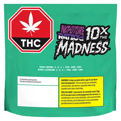Front-facing teal pouch displaying a red THC stop-sign logo and bold "10X the Madness" graphic for Ratio'd Moon Berry THC:CBD:CBN Gummies.
