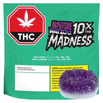 Front-facing shot of the green bag packaging labeled Ratio'd Moon Berry THC:CBD:CBN Gummies with a red THC stop-sign icon and a sugared purple gummy in the corner