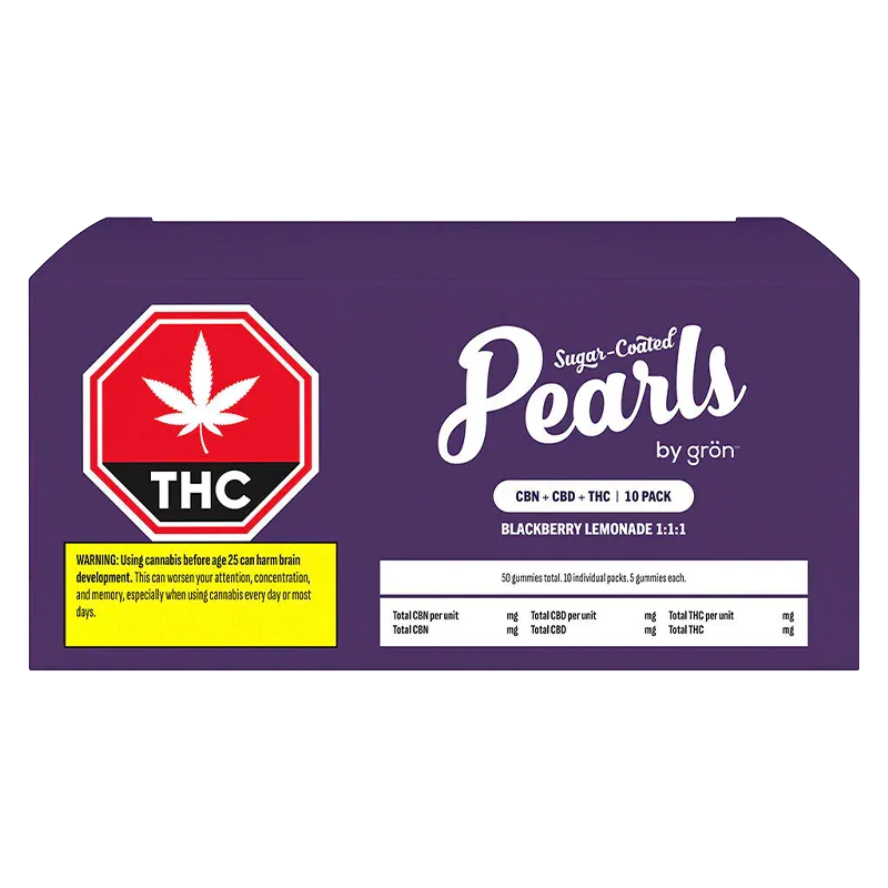 Front-facing image of the purple box of Blackberry Lemonade CBD:CBN:THC Gummies with a large red THC stop-sign icon and white "Pearls" logo.