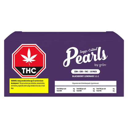 Front-facing image of the purple box of Blackberry Lemonade CBD:CBN:THC Gummies with a large red THC stop-sign icon and white "Pearls" logo.