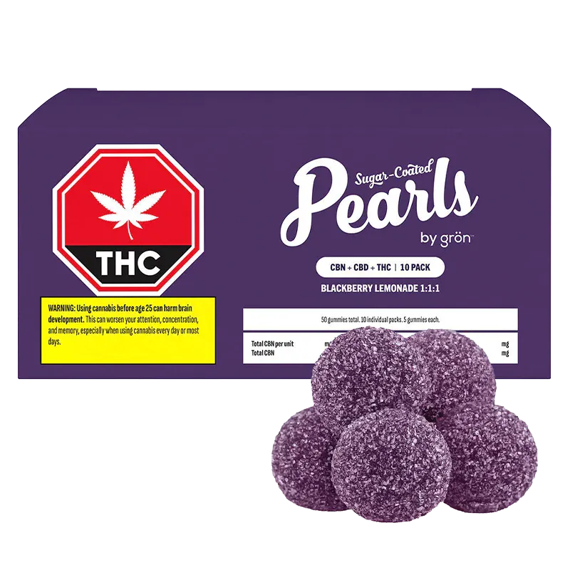 Front-facing purple box and sugar-coated gummies shown together for Blackberry Lemonade CBD:CBN:THC Gummies.
