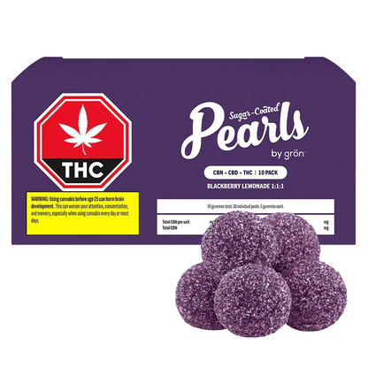 Front-facing purple box and sugar-coated gummies shown together for Blackberry Lemonade CBD:CBN:THC Gummies.