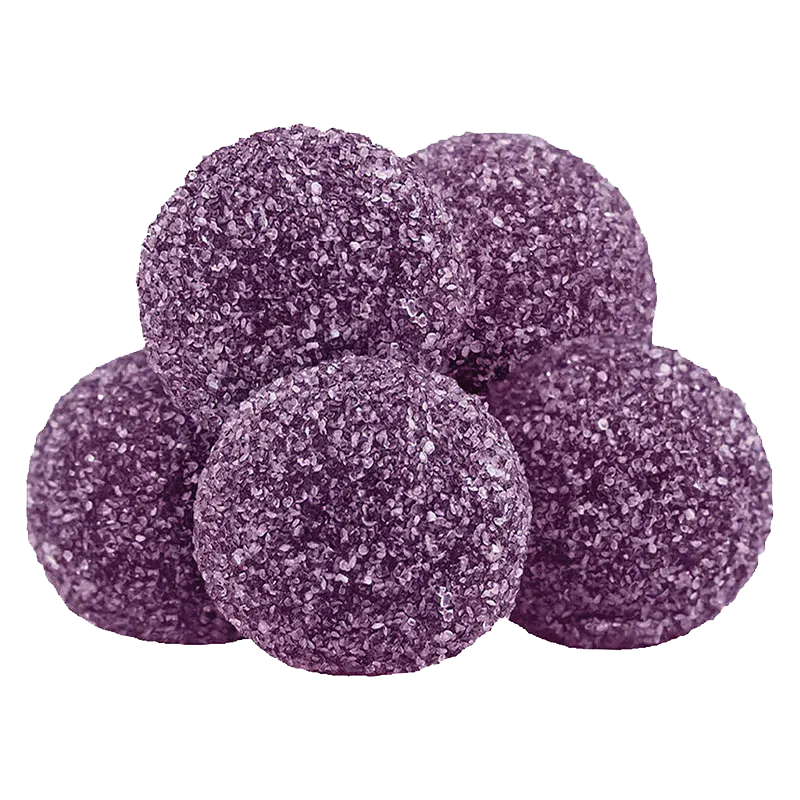 Close-up of five sugar-coated purple gummies stacked in a pyramid, showcasing texture and sparkle of the Blackberry Lemonade CBD:CBN:THC Gummies.