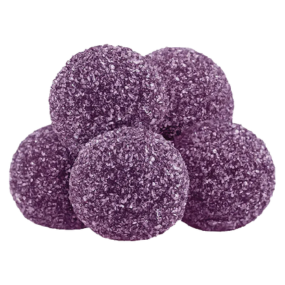 Close-up of five sugar-coated purple gummies stacked in a pyramid, showcasing texture and sparkle of the Blackberry Lemonade CBD:CBN:THC Gummies.