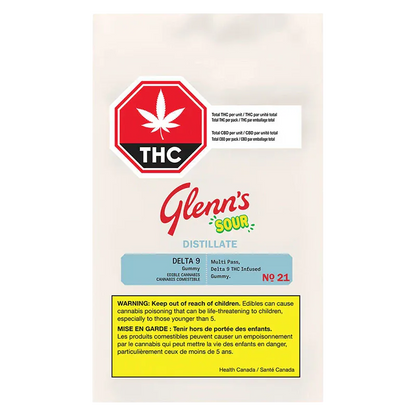 Front-facing pack shot of No.21 Distillate Delta 9 Sour Mango showing the red THC octagon, Glenn's Sour Distillate logo, and yellow warning box.