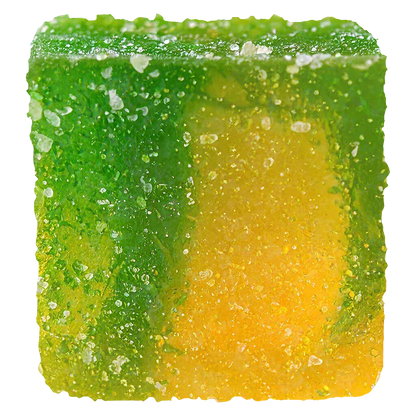 Close-up of a sugar-coated green and yellow gummy cube of No.21 Distillate Delta 9 Sour Mango.