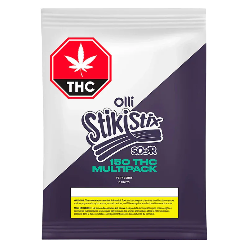 Front-facing pack shot of the Very Berry Gummies pouch labeled "olli StikiStix" with a diagonal purple panel and a red THC symbol.