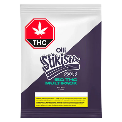 Front-facing pack shot of the Very Berry Gummies pouch labeled "olli StikiStix" with a diagonal purple panel and a red THC symbol.