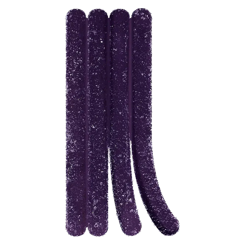 Top-down view of four sugar-coated purple sticks of Very Berry Gummies arranged vertically on a white background.