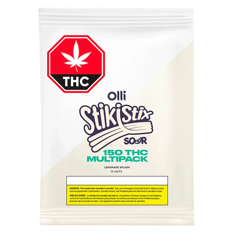 Front-facing image of the Lemonade Splash Gummies pouch showing the Olli StikStix Sour 150 THC Multipack logo and a red THC warning octagon on white background
