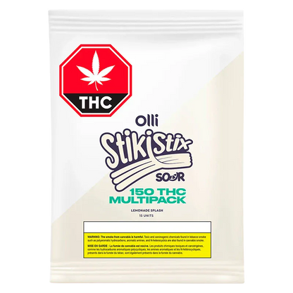 Front-facing image of the Lemonade Splash Gummies pouch showing the Olli StikStix Sour 150 THC Multipack logo and a red THC warning octagon on white background