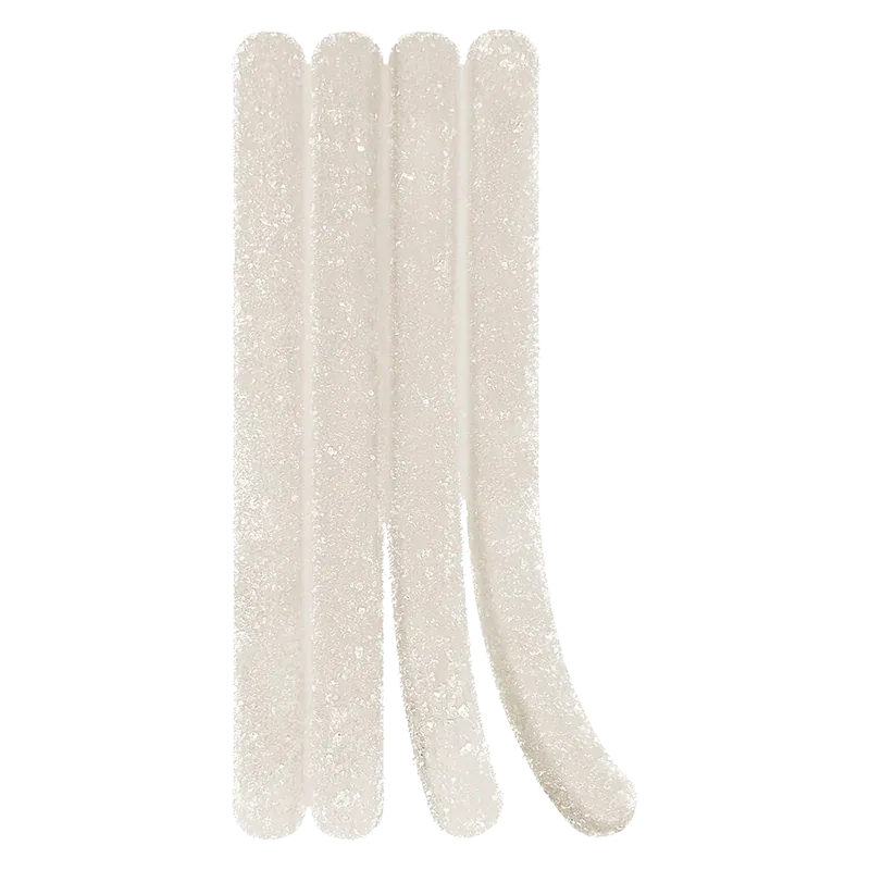 Top-down view of four pale sugar-coated Lemonade Splash Gummies laid side by side on a white background.