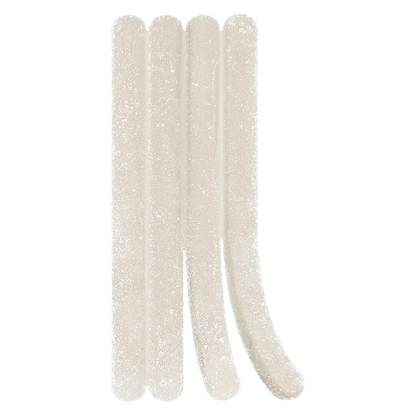 Top-down view of four pale sugar-coated Lemonade Splash Gummies laid side by side on a white background.