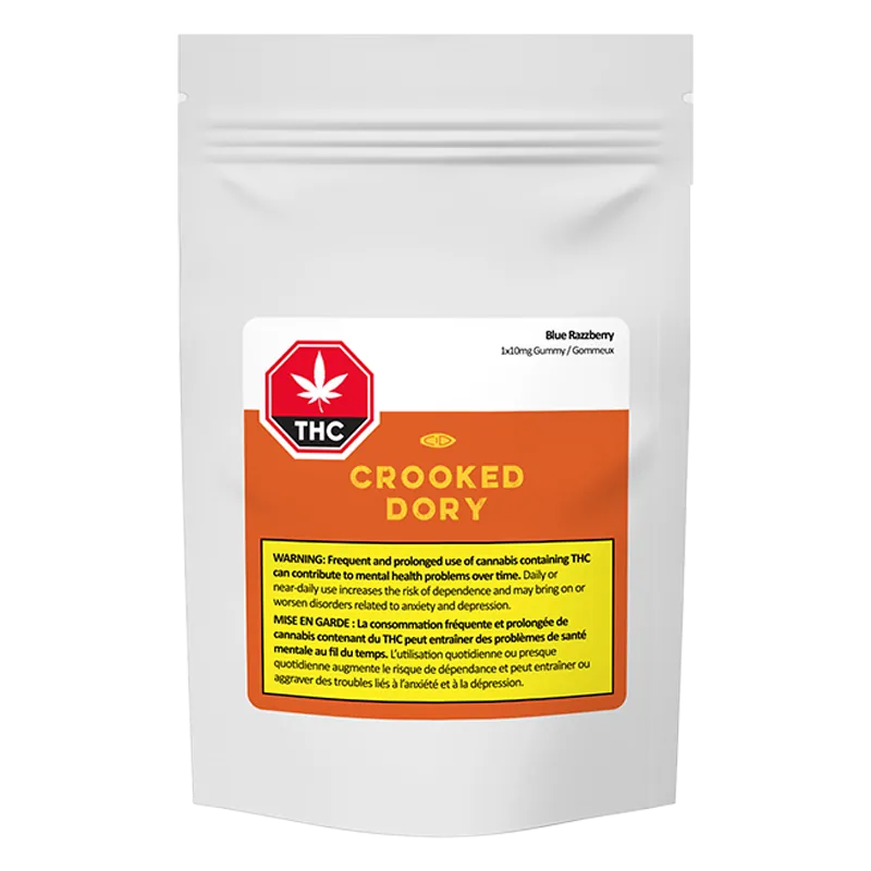 Front-facing pouch labeled "Crooked Dory Blue Razzberry" with an orange and yellow warning panel and red THC stop sign logo.