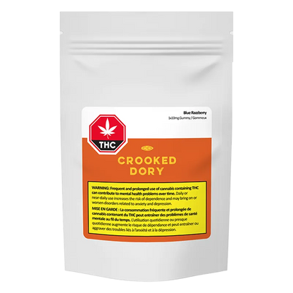 Front-facing pouch labeled "Crooked Dory Blue Razzberry" with an orange and yellow warning panel and red THC stop sign logo.