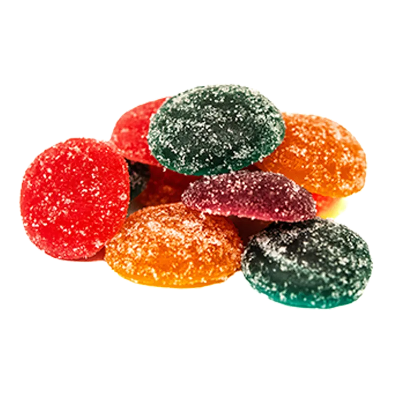 Close-up of a small pile of colorful sugar-coated Grape Gummy candies showing red, orange, green, and purple domes from a slightly elevated angle.