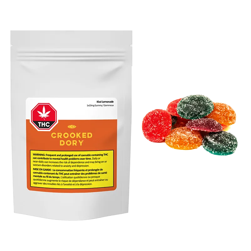 Front-facing Crooked Dory Kiwi Lemonade pouch with orange label on the left and a small pile of sugar-coated, multi-colored gummy discs on the right.