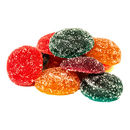 Pile of sugar-coated Kiwi Lemonade gumdrop candies in assorted colors shown from a slightly elevated angle on a white background