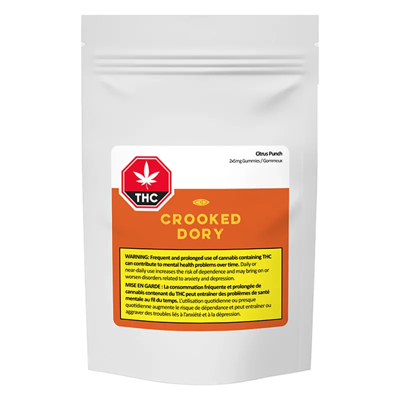 Front-facing pouch shot of Crooked Dory Citrus Punch with orange label, THC symbol and yellow warning box centered on a white matte bag
