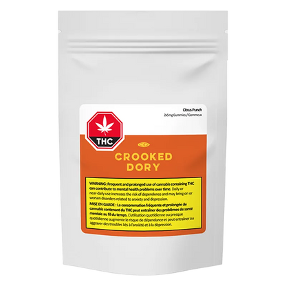 Front-facing pouch shot of Crooked Dory Citrus Punch with orange label, THC symbol and yellow warning box centered on a white matte bag