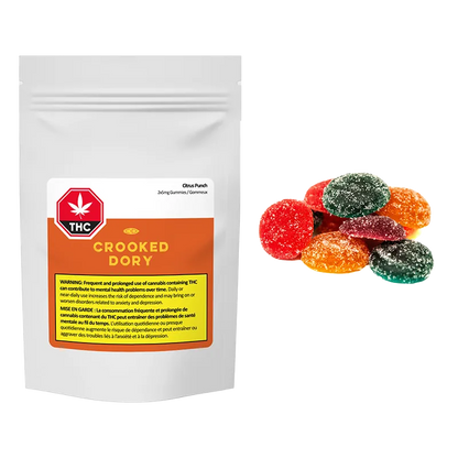Front-facing white pouch and a small pile of sugar-coated fruit gummies to the right labeled Crooked Dory Citrus Punch.