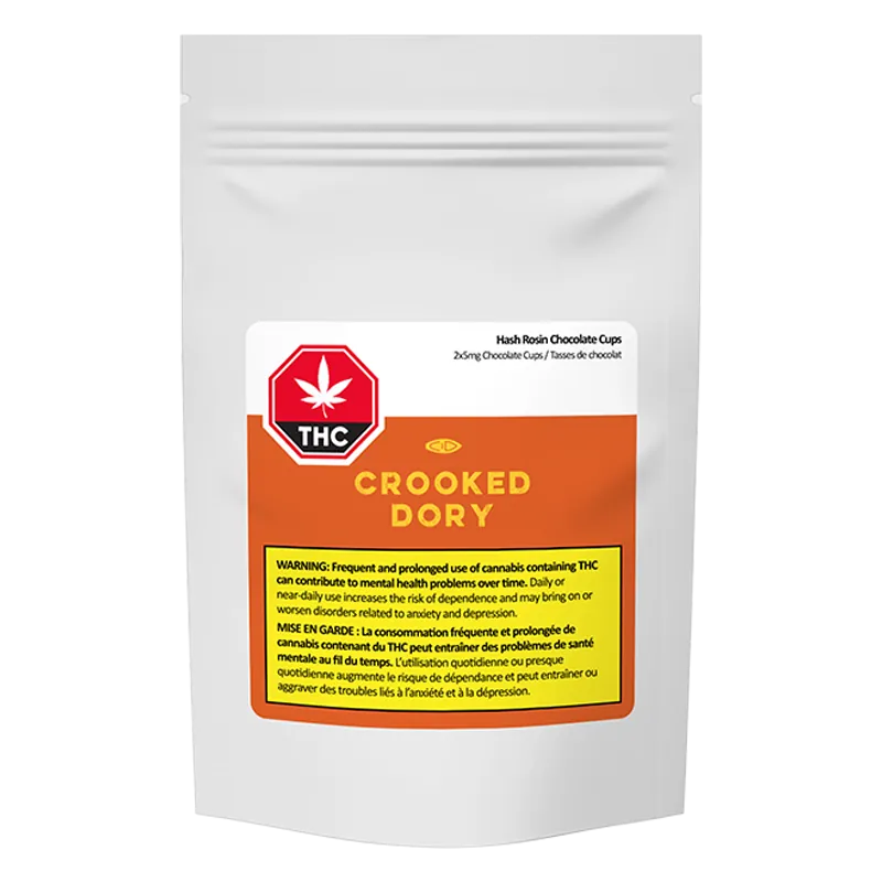 Front-facing shot of a white pouch labeled "Crooked Dory Hash Rosin Chocolate Cups" with an orange label, THC symbol, and a yellow warning panel.