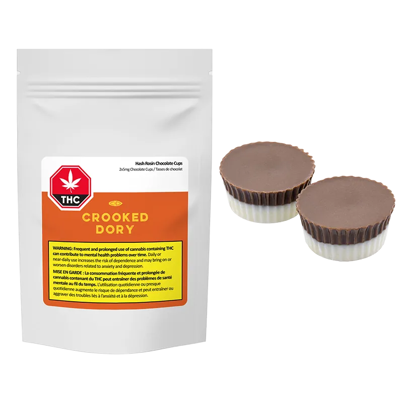 White resealable pouch labeled "Crooked Dory Hash Rosin Chocolate Cups" shown front-on beside two round chocolate cups on a white background