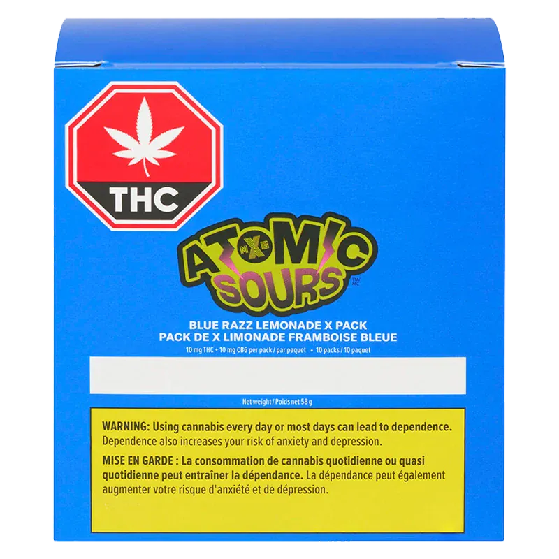Front-facing shot of the bright blue packaging for Blue Razz Lemonade Gummies with a bold red THC symbol and warning block.