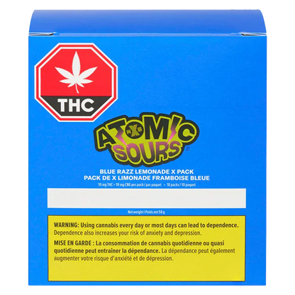 Front-facing shot of the bright blue packaging for Blue Razz Lemonade Gummies with a bold red THC symbol and warning block.