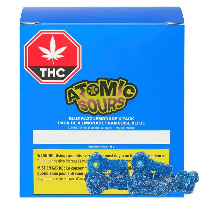 Front-facing box of Blue Razz Lemonade Gummies showing a bright blue Atomic Sours pack with a THC symbol and gummies.
