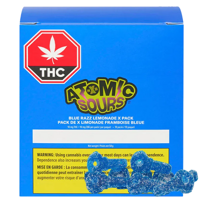 Front-facing box of Blue Razz Lemonade Gummies showing a bright blue Atomic Sours pack with a THC symbol and gummies.