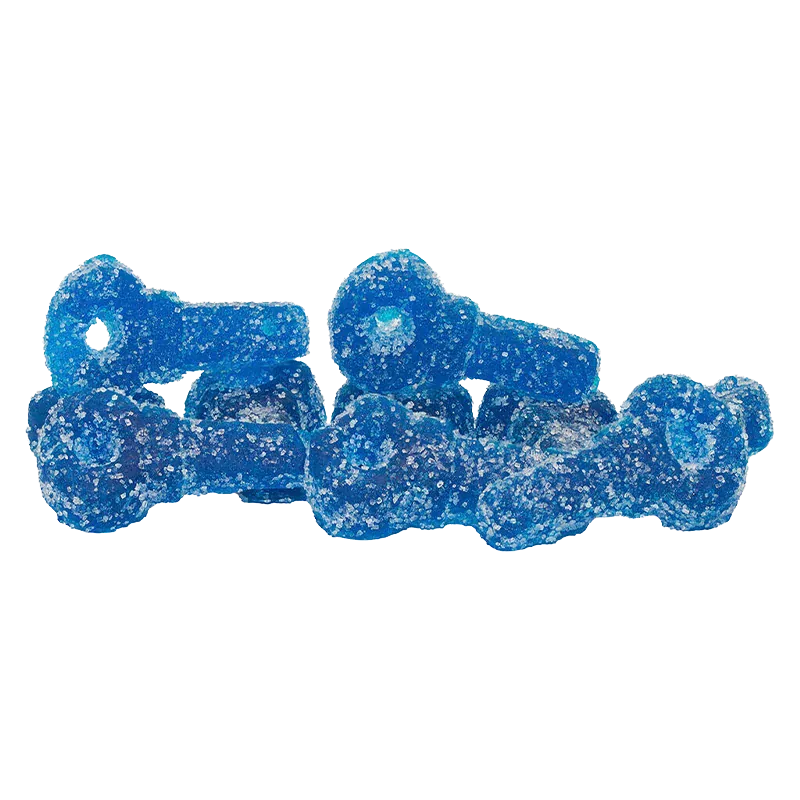 Close-up of bright sugar-coated Blue Razz Lemonade Gummies piled on a white background, showing granular texture and blue hues.