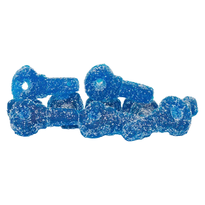 Close-up of bright sugar-coated Blue Razz Lemonade Gummies piled on a white background, showing granular texture and blue hues.