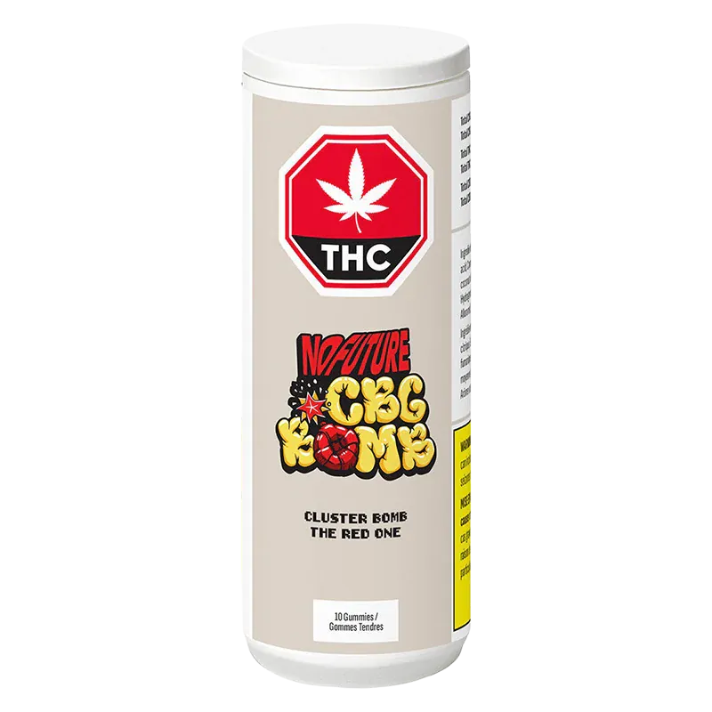 Straight-on view of a beige cylindrical container labeled CBG Cluster Bomb The Red One Gummies with a red THC stop sign and colorful cartoon logo.