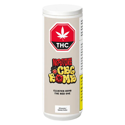 Straight-on view of a beige cylindrical container labeled CBG Cluster Bomb The Red One Gummies with a red THC stop sign and colorful cartoon logo.
