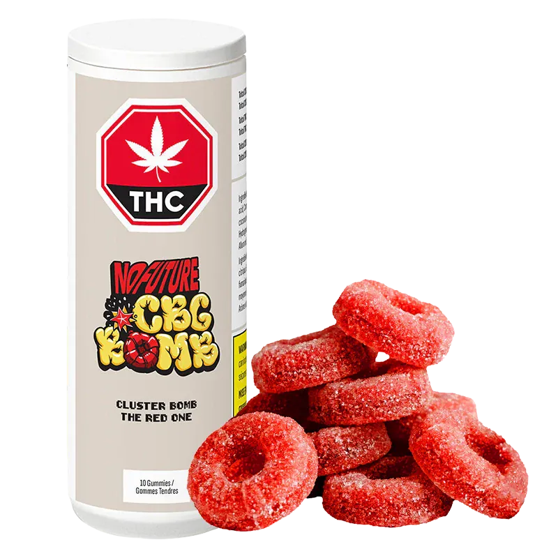 Stacked ring-shaped red sugar-coated gummies beside a standing white tube labeled "CBG Cluster Bomb The Red One Gummies."