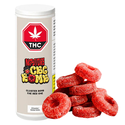 Stacked ring-shaped red sugar-coated gummies beside a standing white tube labeled "CBG Cluster Bomb The Red One Gummies."