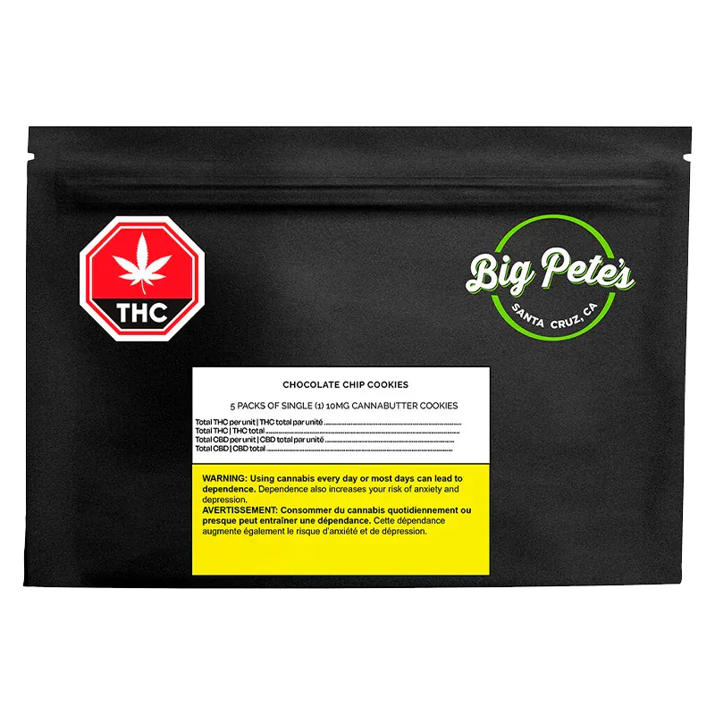 Front-facing black pouch showing the Big Pete's Chocolate Chip Cookies logo on the upper right and a white ingredient label with a yellow warning panel.